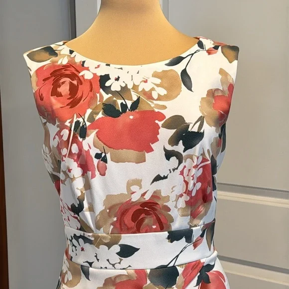 Dress barn, floral, coral, pink, and green on white sheath midi sleeveless dress - Picture 3 of 7